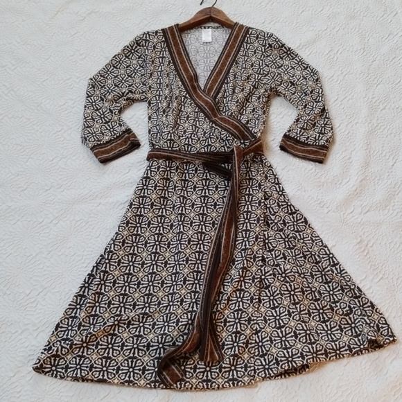 Faux Wrap Tan Brown White Tribal Print Dress - Picture 6 of 8